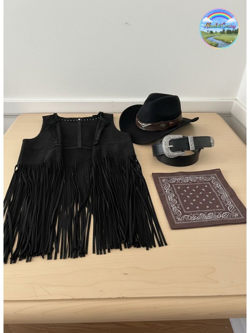 Faux Suede Fringe Vest Cowboy Hat Belt Bandana Costume Set